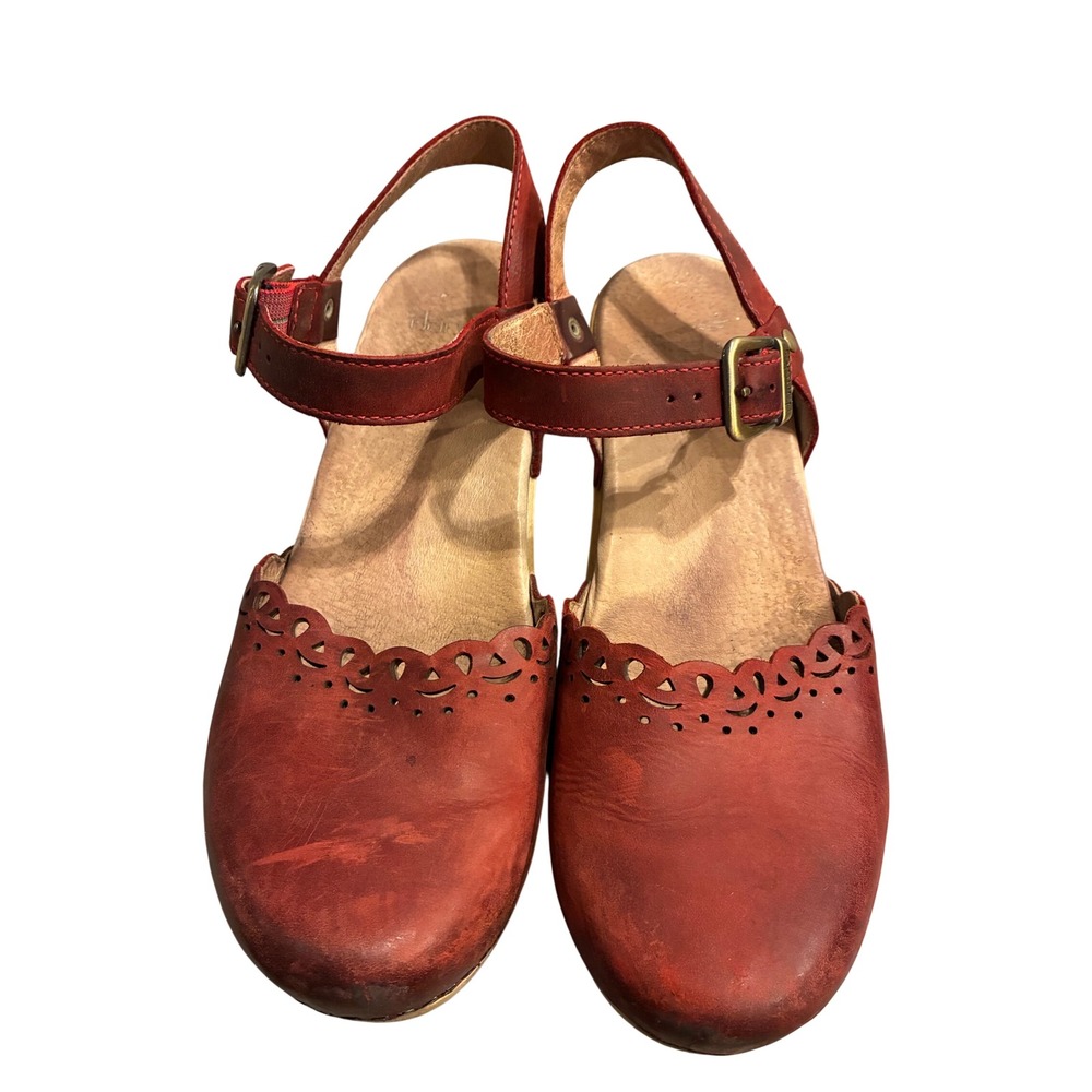 Dansko Sam Red Leather Scalloped Mary Jane Clog Sandals Womens 39 - Picture 2 of 7